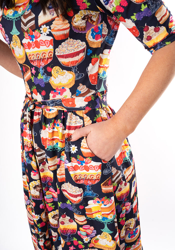 Seventh angle of Gale Cakes &amp; Deserts Print Dress, our jersey is a smooth, stretchy fabric known for its comfort and ease.