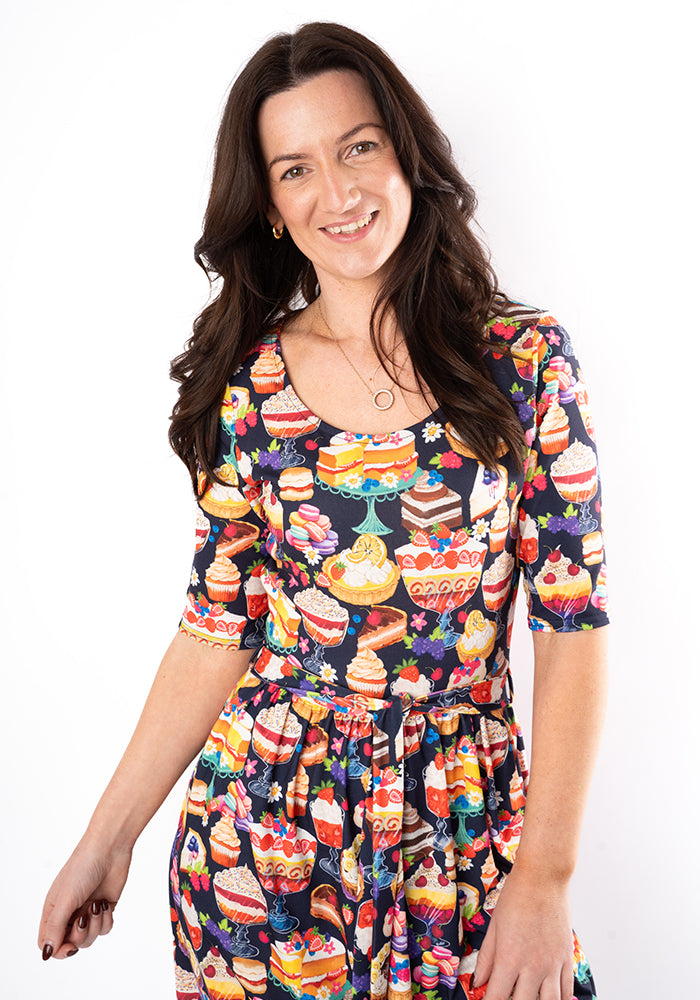 Sixth angle of Gale Cakes &amp; Deserts Print Dress, our jersey is a smooth, stretchy fabric known for its comfort and ease.