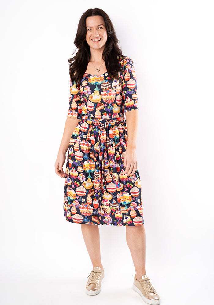 Third angle of Gale Cakes &amp; Deserts Print Dress, our jersey is a smooth, stretchy fabric known for its comfort and ease.