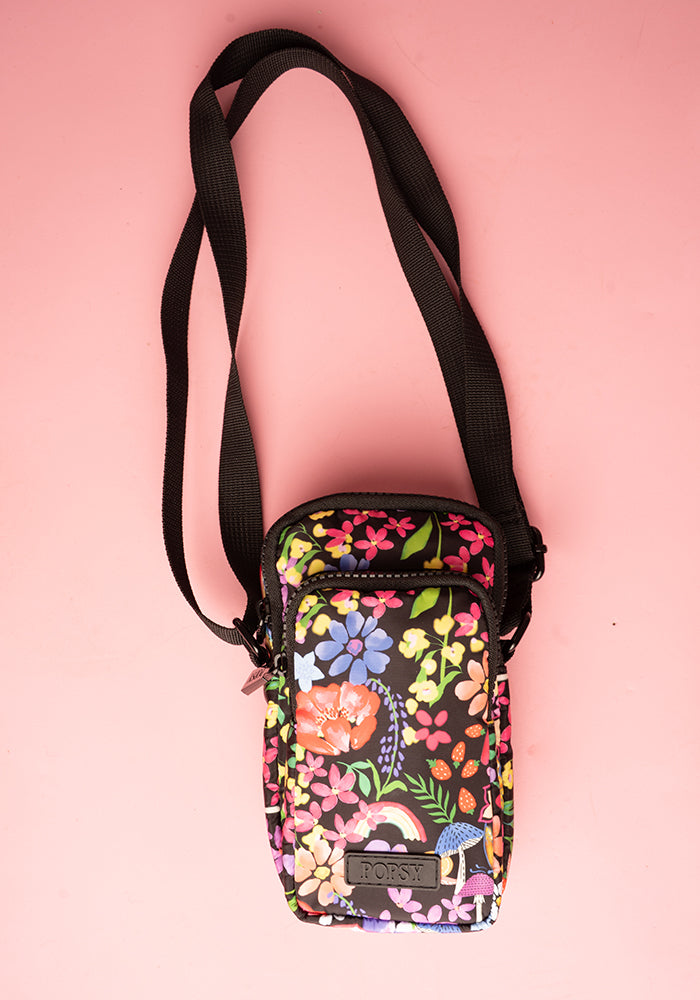 Third angle of Garden Rainbow Floral Phone Pocket Bag