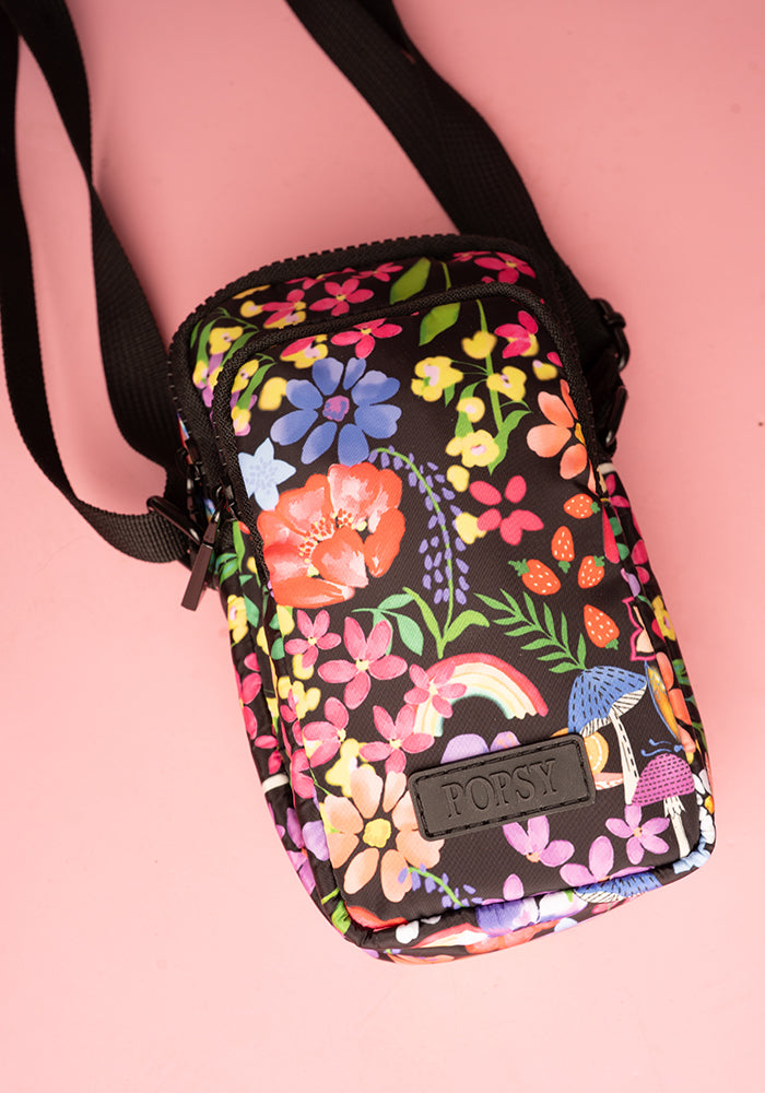Front view of Garden Rainbow Floral Phone Pocket Bag