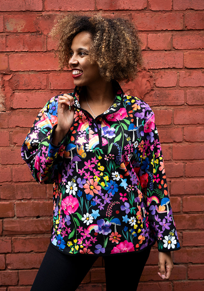 Front view of Garden Rainbow Print Fleece Top