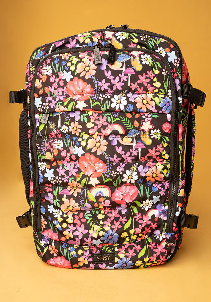 Ninth angle of Garden Rainbow Floral Print Popsy Cabin Bag, lightweight cabin bag with bold Garden Rainbow Floral pattern.