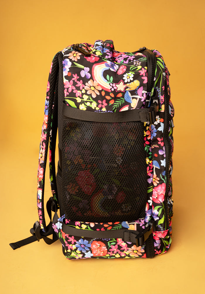 Eighth angle of Garden Rainbow Floral Print Popsy Cabin Bag, lightweight cabin bag with bold Garden Rainbow Floral pattern.