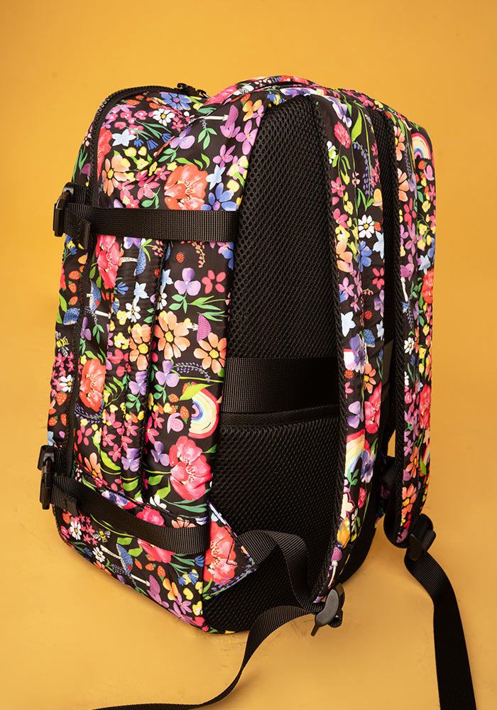Fifth angle of Garden Rainbow Floral Print Popsy Cabin Bag, lightweight cabin bag with bold Garden Rainbow Floral pattern.