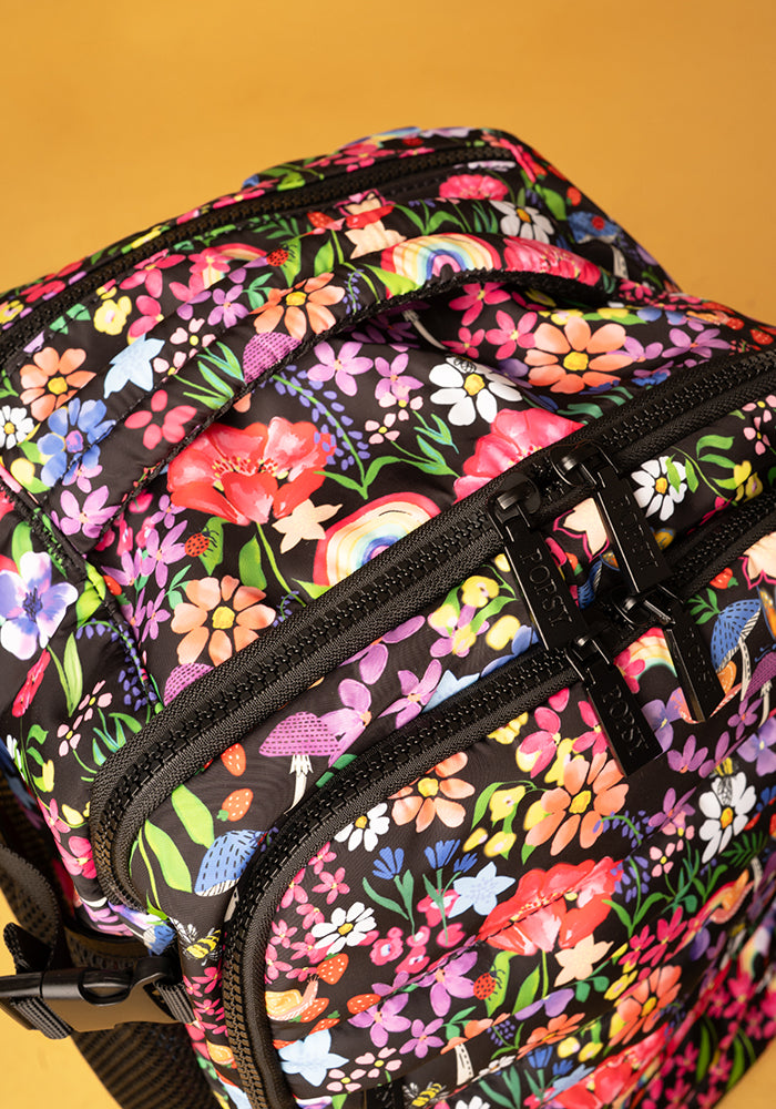 Fourth angle of Garden Rainbow Floral Print Popsy Cabin Bag, lightweight cabin bag with bold Garden Rainbow Floral pattern.