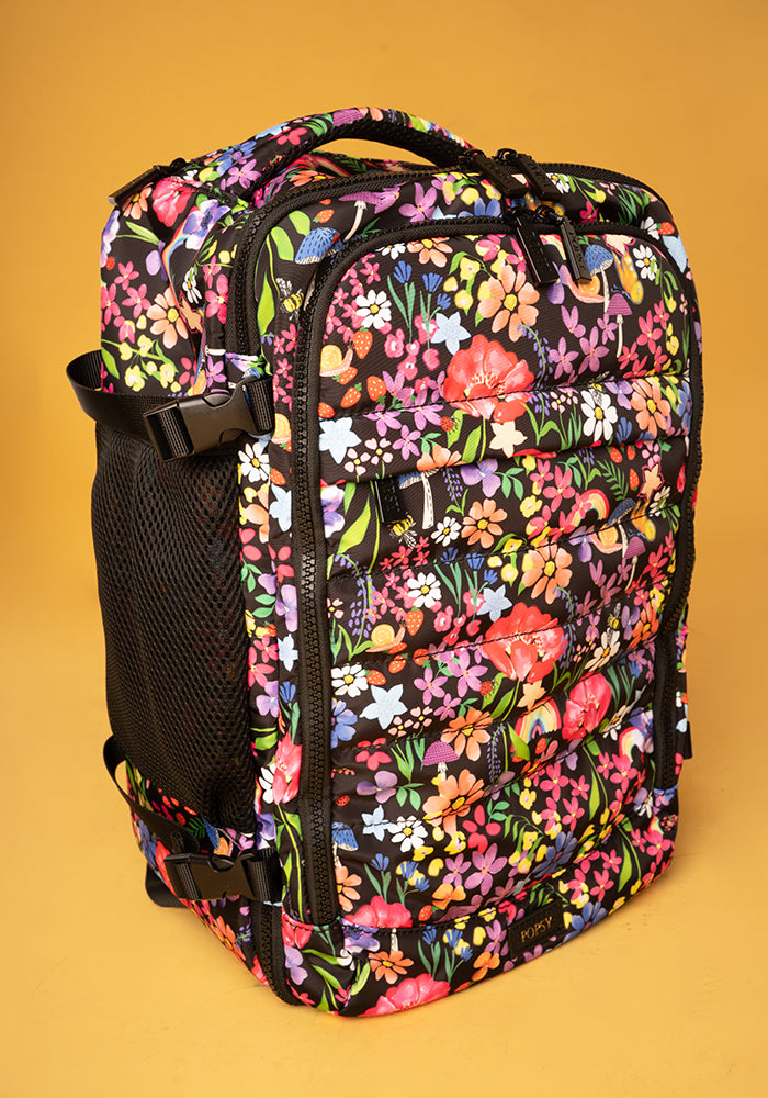 Front view of Garden Rainbow Floral Print Popsy Cabin Bag, lightweight cabin bag with bold Garden Rainbow Floral pattern.