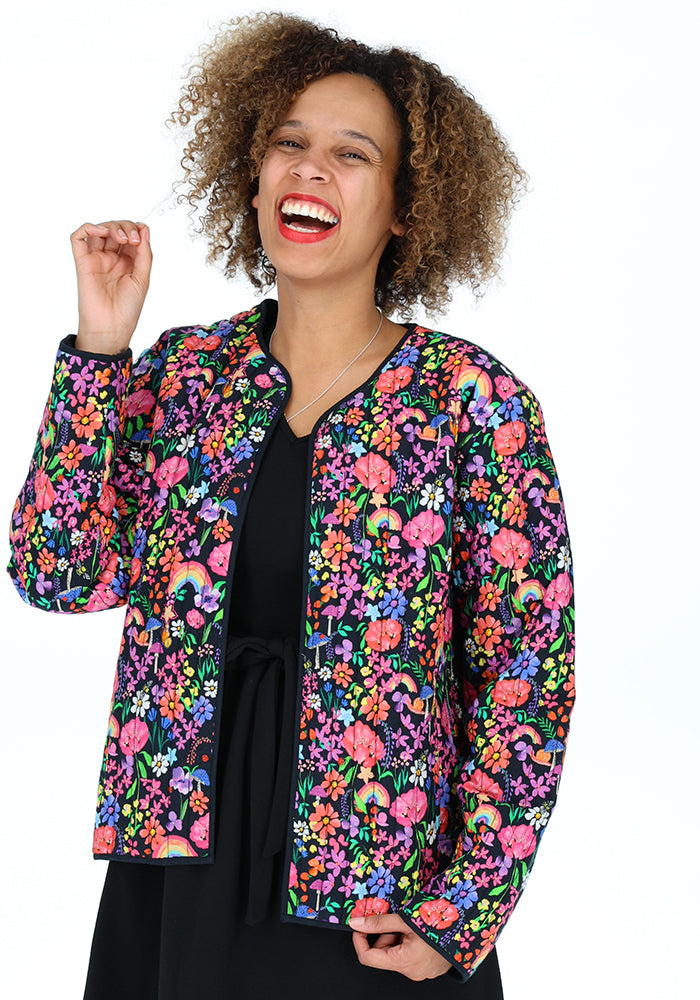 Seventh angle of Garden Rainbow Floral Quilted Jacket for Women