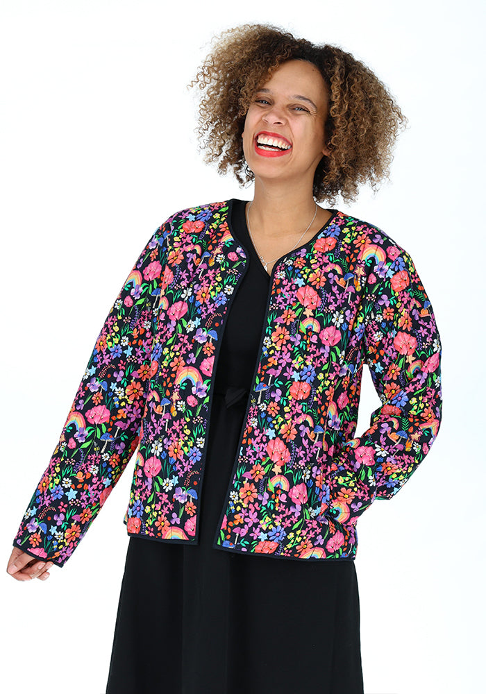 Front view of Garden Rainbow Floral Quilted Jacket for Women