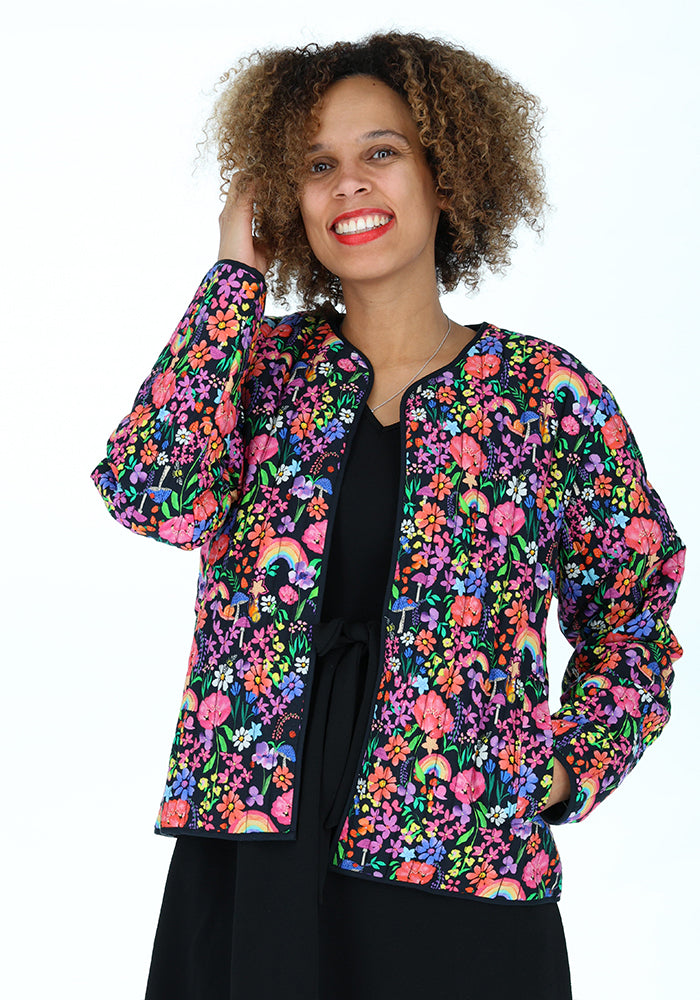 Third angle of Garden Rainbow Floral Quilted Jacket for Women