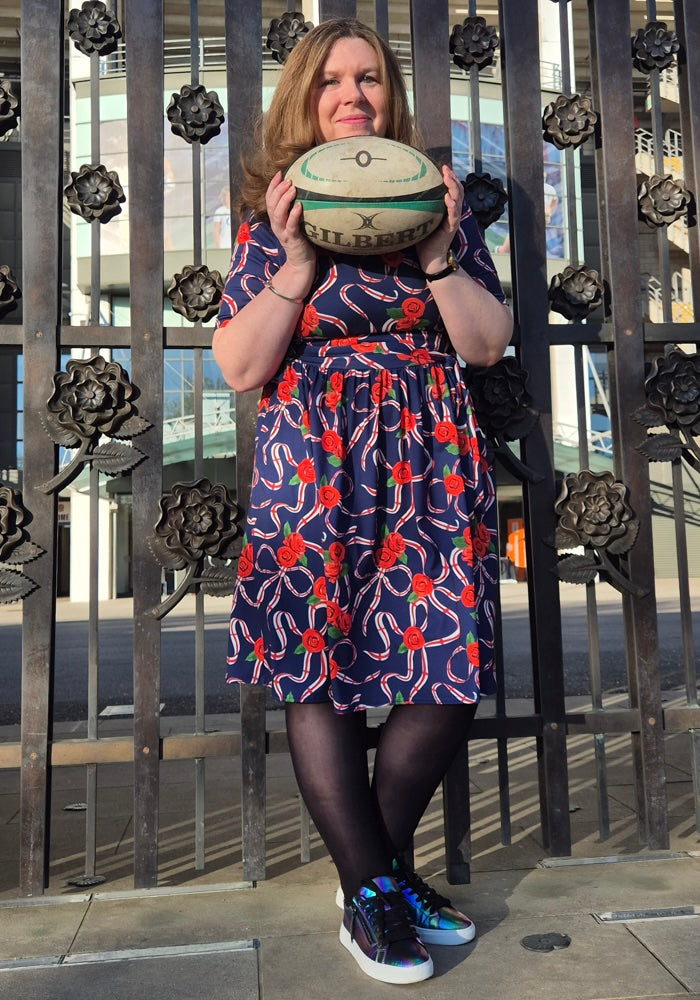 Fourth angle of Navy England Print Gathered Waist Jersey Dress