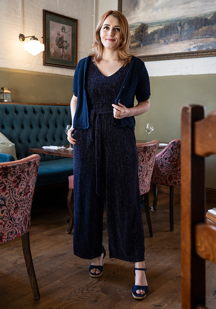 Front view of Gem Sparkle Culotte Leg Jumpsuit