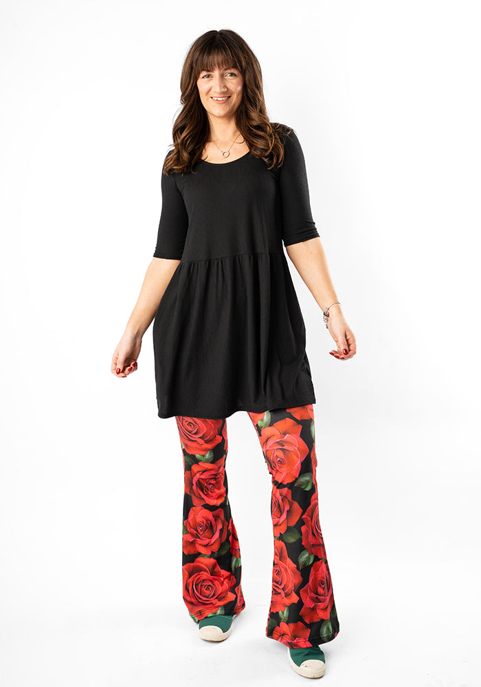 Gemma Black Rib Brush Smock Gathered Waist Tunic
