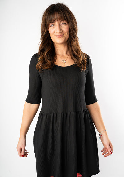 Gemma Black Rib Brush Smock Gathered Waist Tunic
