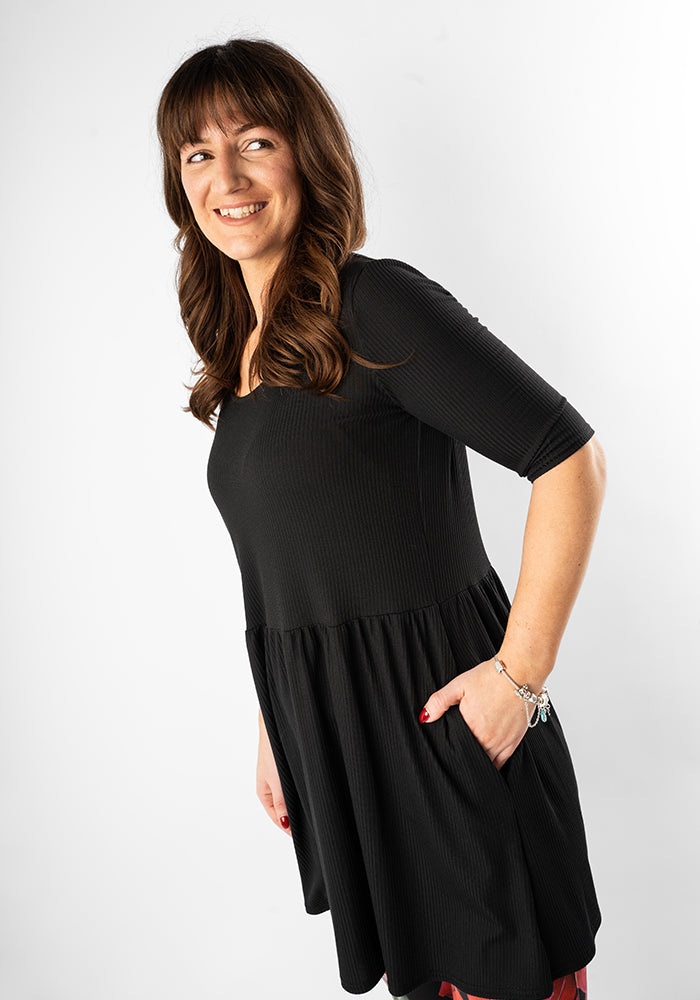 Third angle of Gemma Black Rib Brush Smock Gathered Waist Tunic