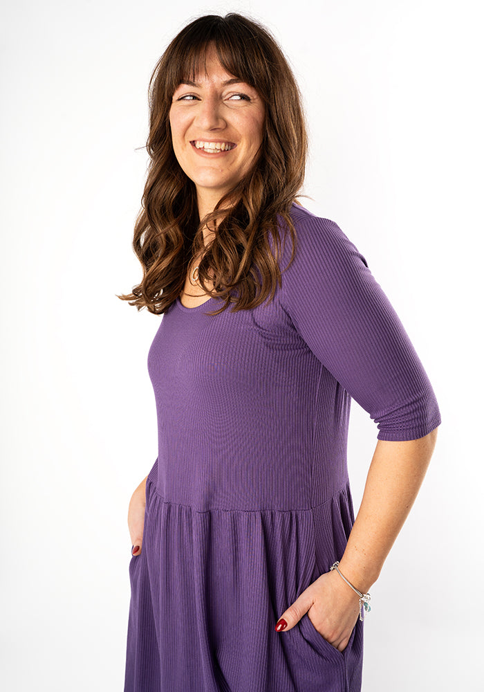 Fifth angle of Gemma Purple Rib Brush Smock Gathered Waist Tunic