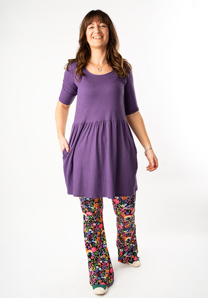 Third angle of Gemma Purple Rib Brush Smock Gathered Waist Tunic