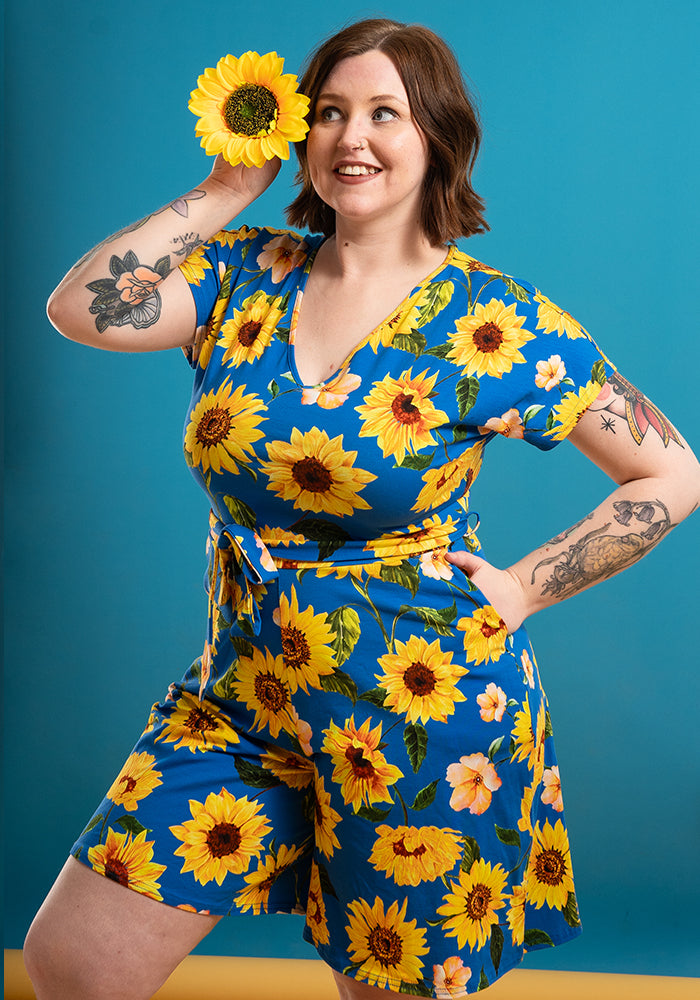 Gia Blue Sunflower Print Cotton Playsuit