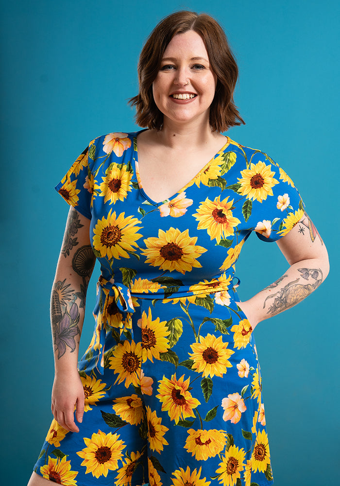 Gia Blue Sunflower Print Cotton Playsuit