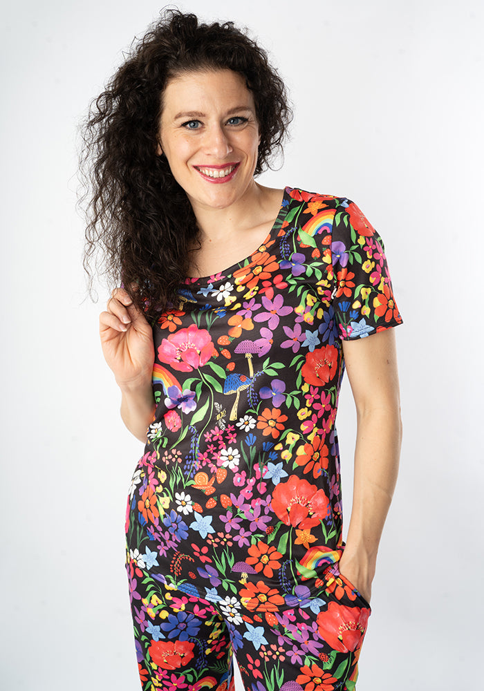 Third angle of Ginny Garden Rainbow Floral Print Pyjama Set