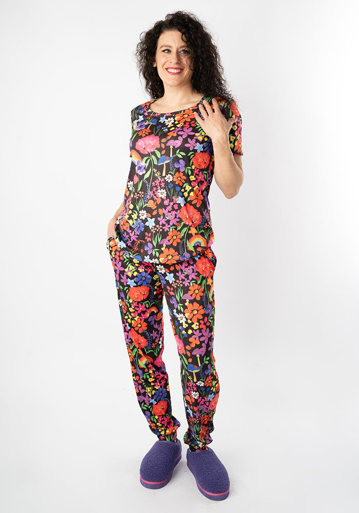 Front view of Ginny Garden Rainbow Floral Print Pyjama Set