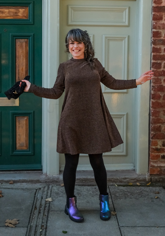 Front view of Glisten Gold Sparkle Turtle Neck Above Knee Dress