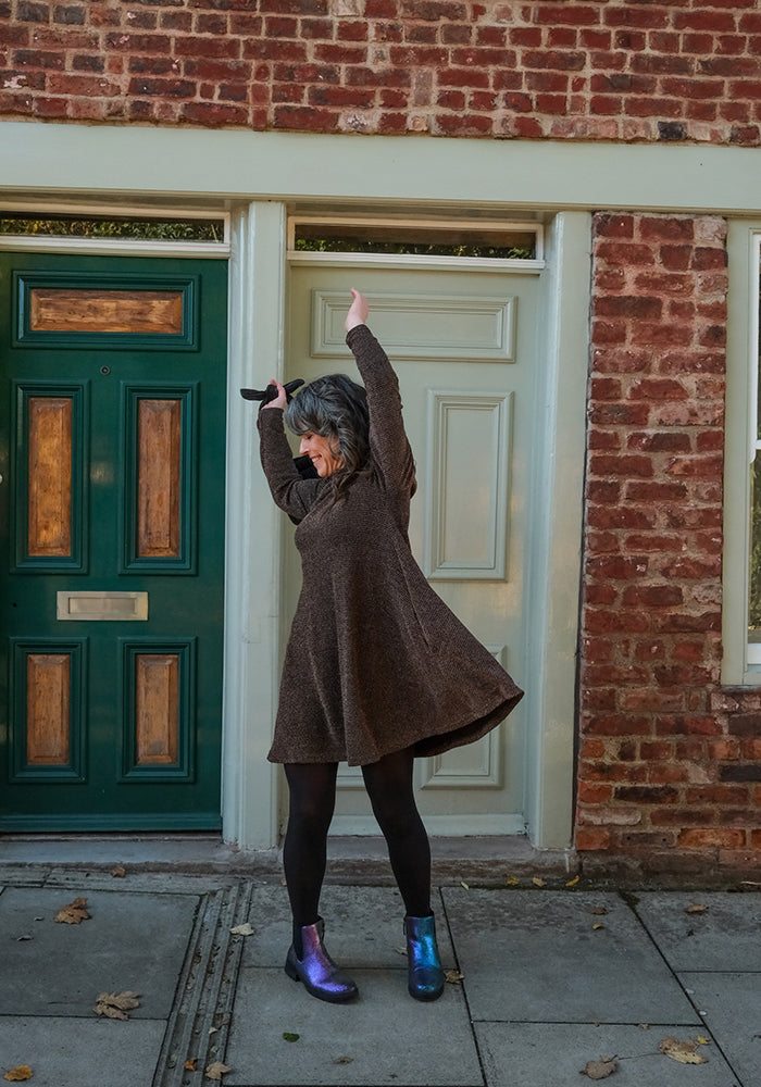 Third angle of Glisten Gold Sparkle Turtle Neck Above Knee Dress