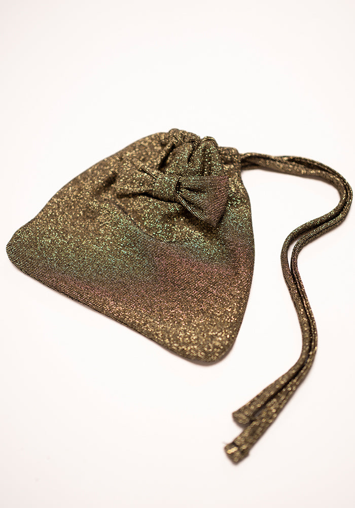 Front view of Gold and Black Mini Bow Sparkle Bag