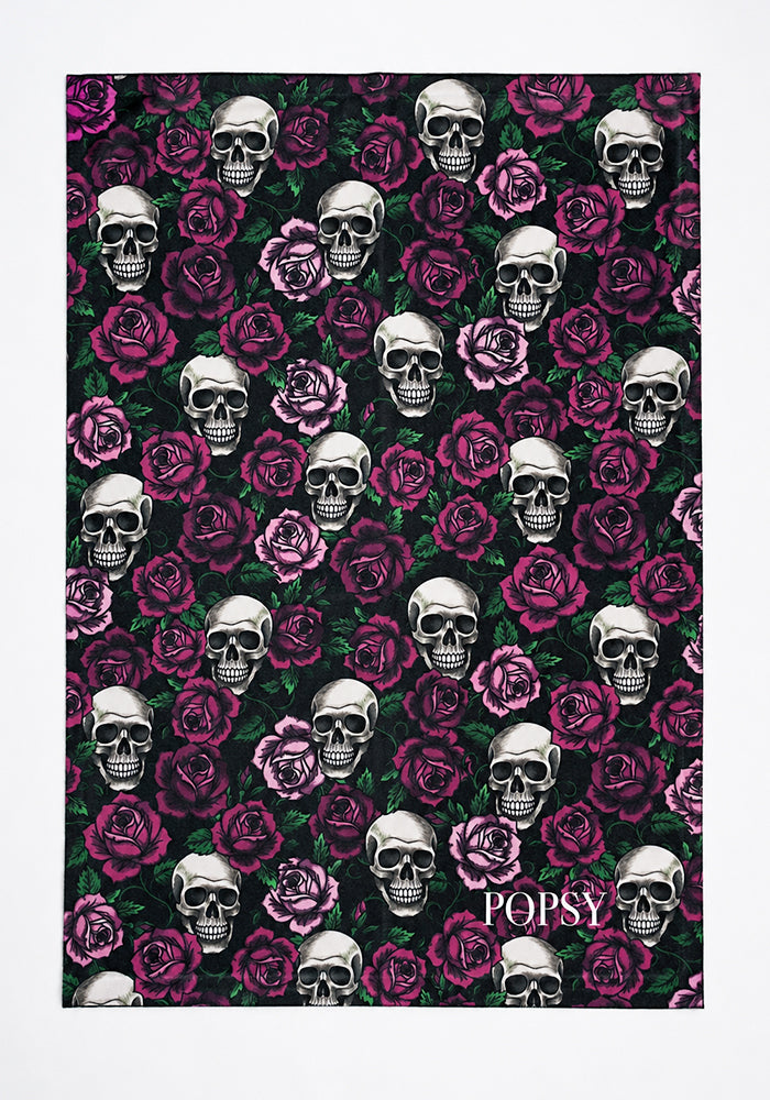 Gothic Skull &amp; Roses Print Tea Towel
