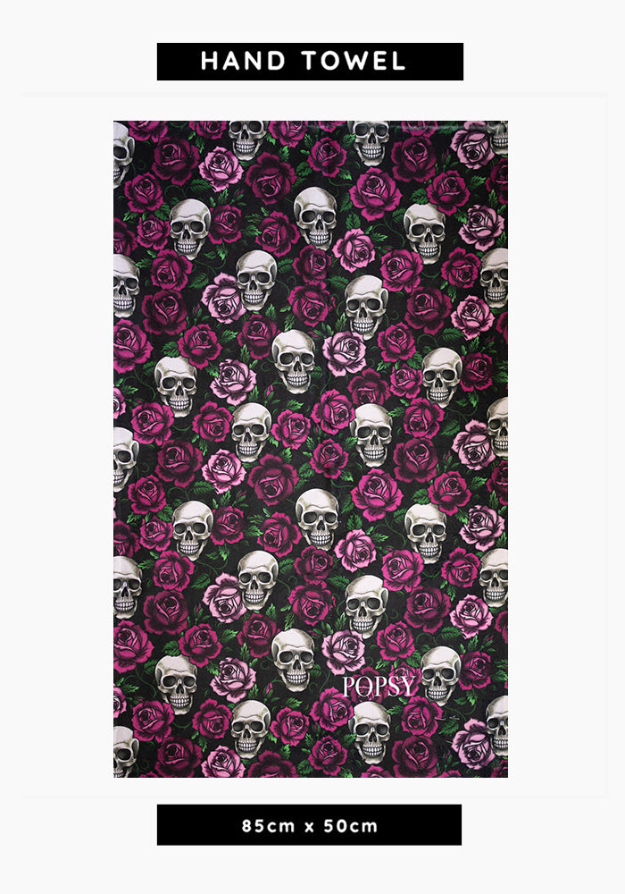 Gothic Skulls &amp; Roses Print Hand Towel