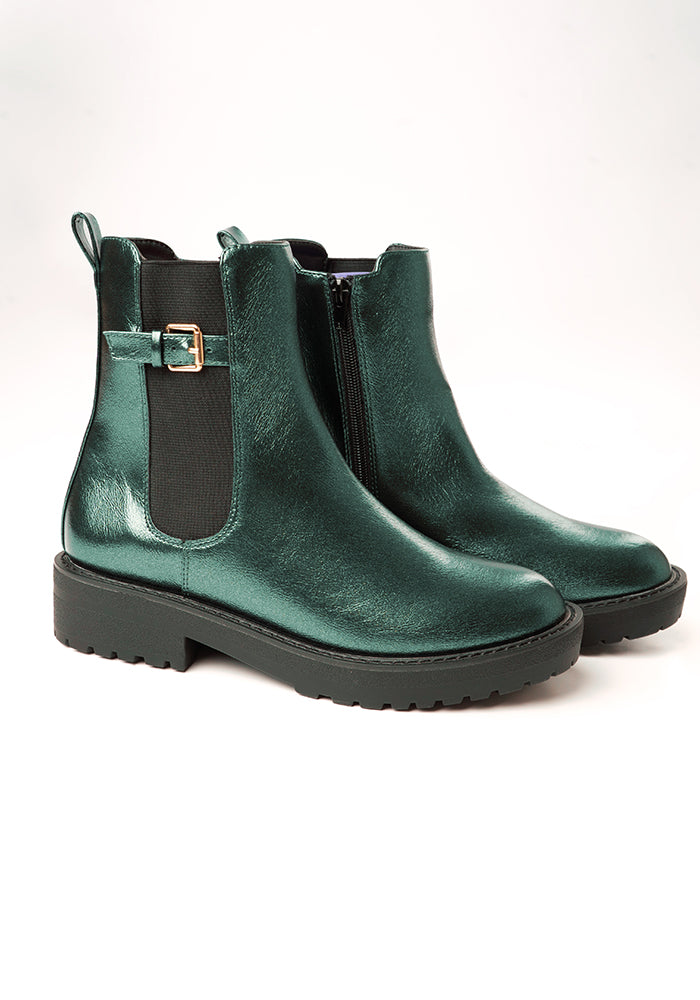 Front view of Metallic Green Chelsea Boot