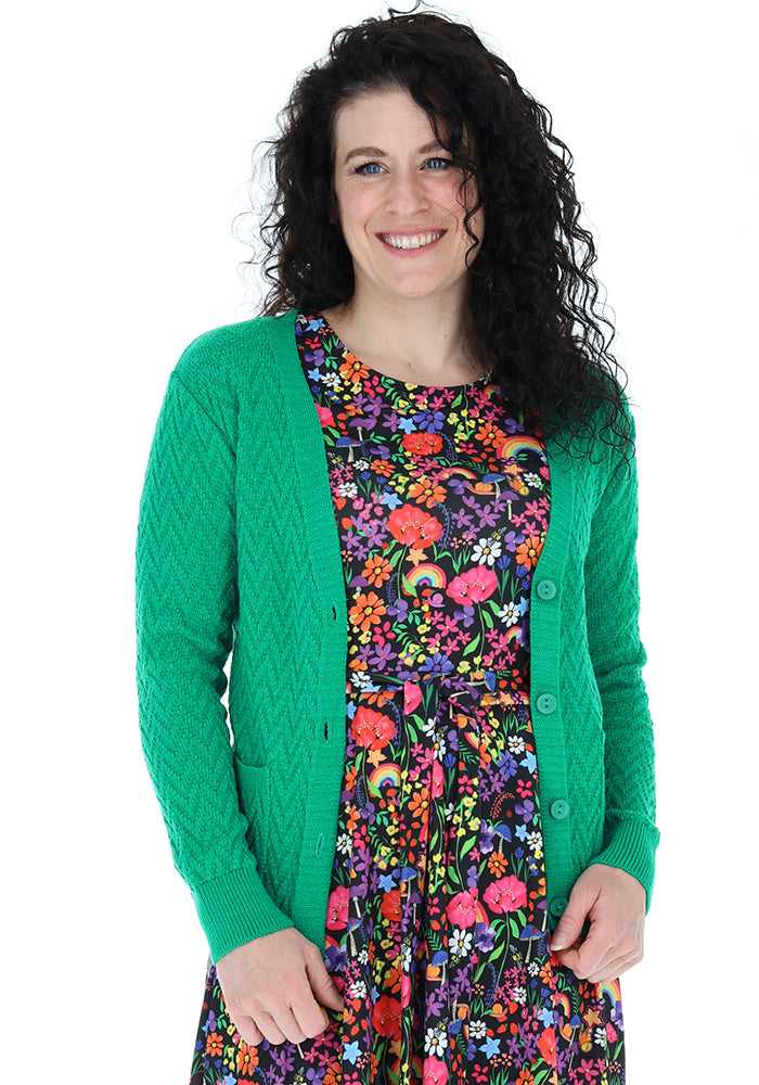 Front view of Green Chevron Knit Cardigan