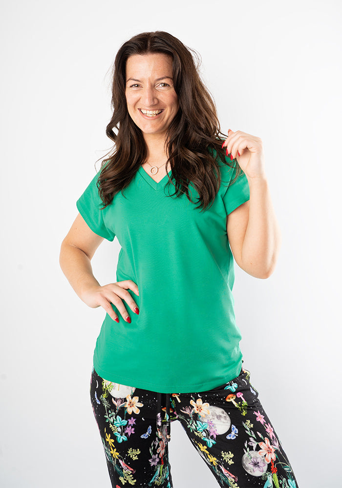 Front view of Tropical Green Extended Shoulder V-Neck Cotton Top