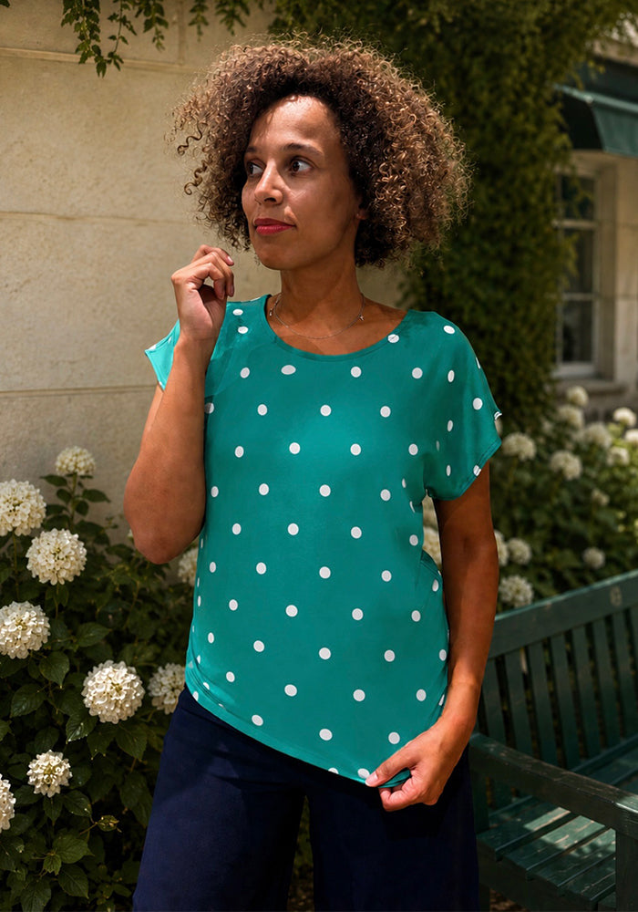 Front view of Green &amp; Ecru Spot Print Top, a green &amp; ecru top with a spot pattern.