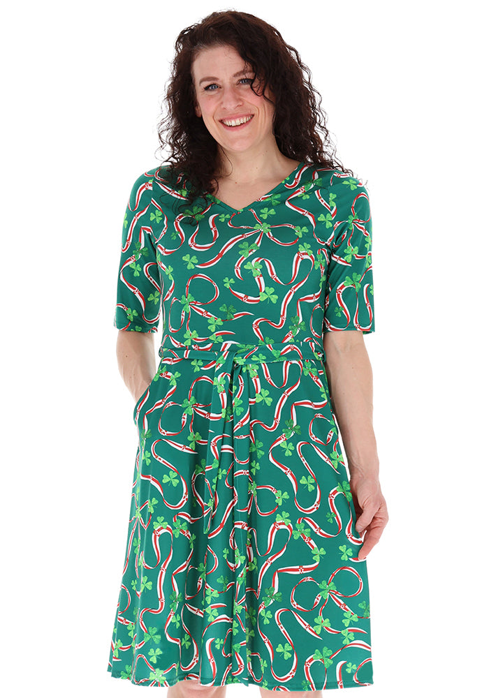 Front view of Green Northern Ireland Print Flat Waist Jersey Dress