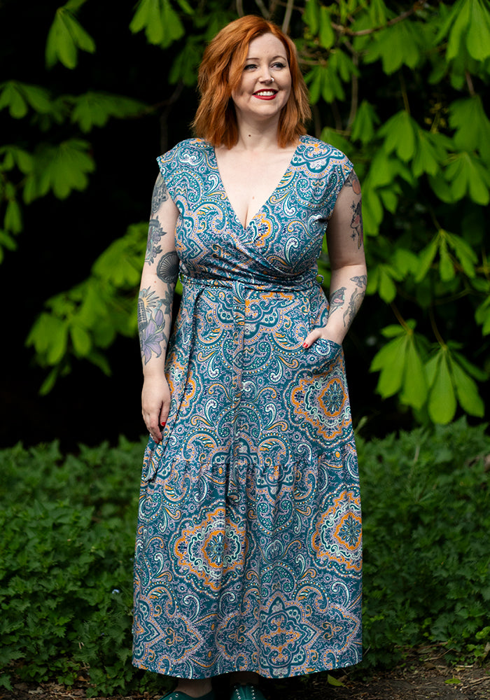 Front view of Greer Paisley Tile Print Cotton Midaxi Dress