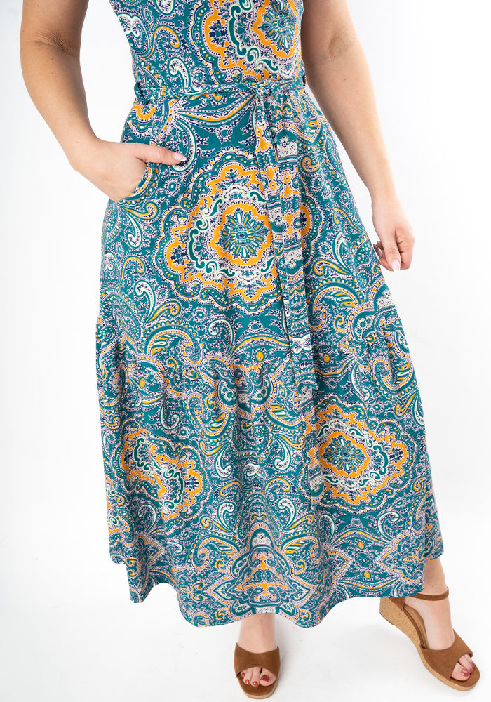 Greer Paisley Tile Print Cotton Midaxi Dress