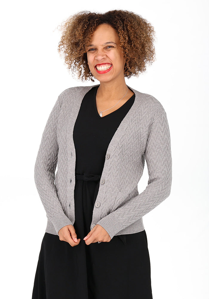 Sixth angle of Grey Chevron Knit Cardigan, grey Chevron Knit Cardigan An effortless layer that goes with everything.