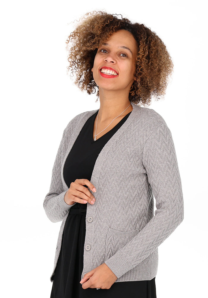 Fourth angle of Grey Chevron Knit Cardigan, grey Chevron Knit Cardigan An effortless layer that goes with everything.