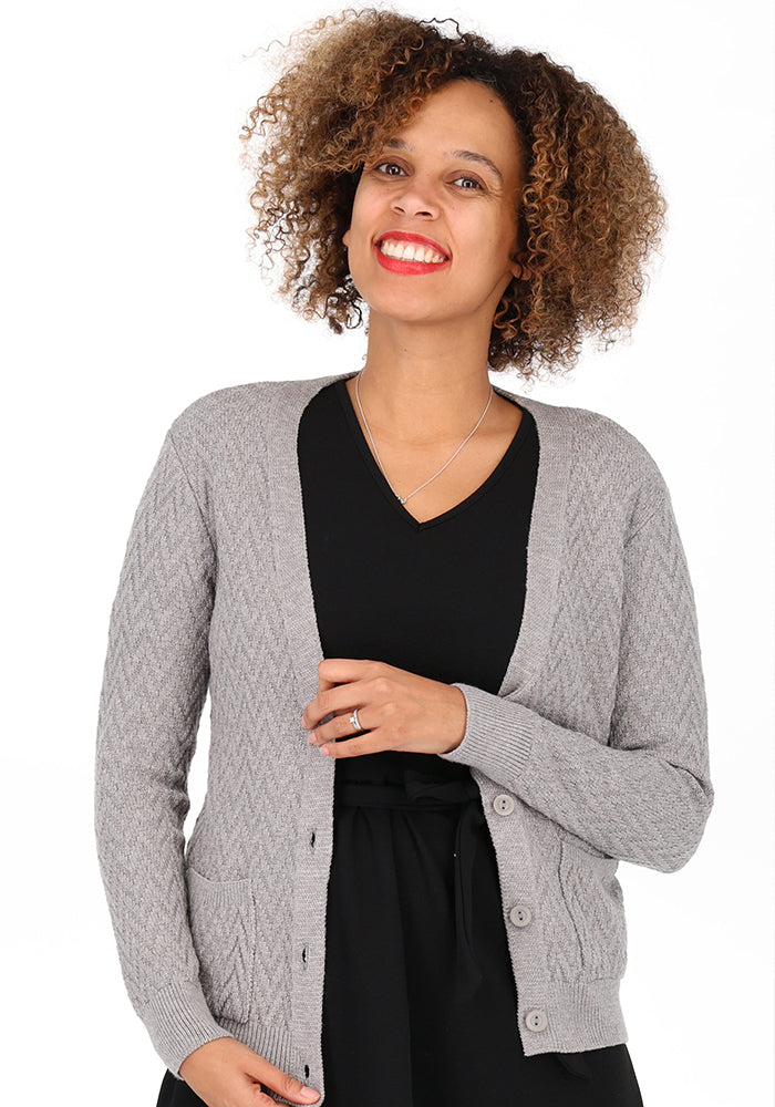 Front view of Grey Chevron Knit Cardigan, grey Chevron Knit Cardigan An effortless layer that goes with everything.