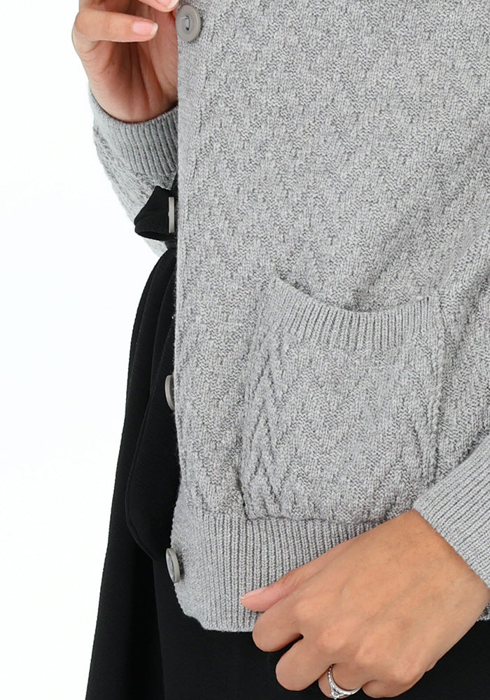 Third angle of Grey Chevron Knit Cardigan, grey Chevron Knit Cardigan An effortless layer that goes with everything.