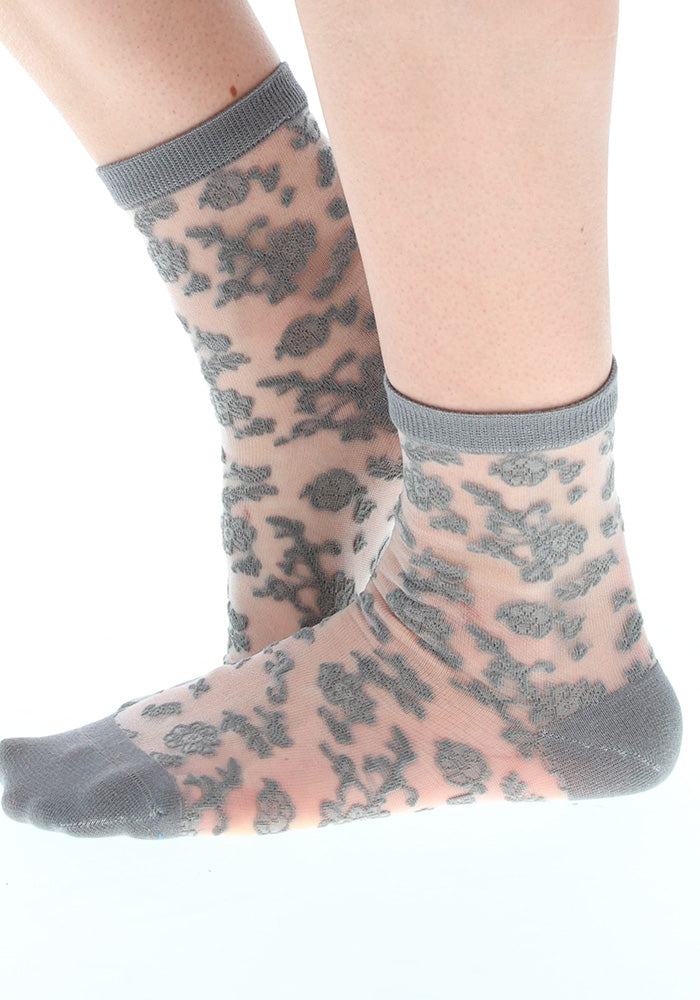 Second angle of Grey Floral Bloom Sheer Ankle Socks, a sheer sock with a grey floral pattern.