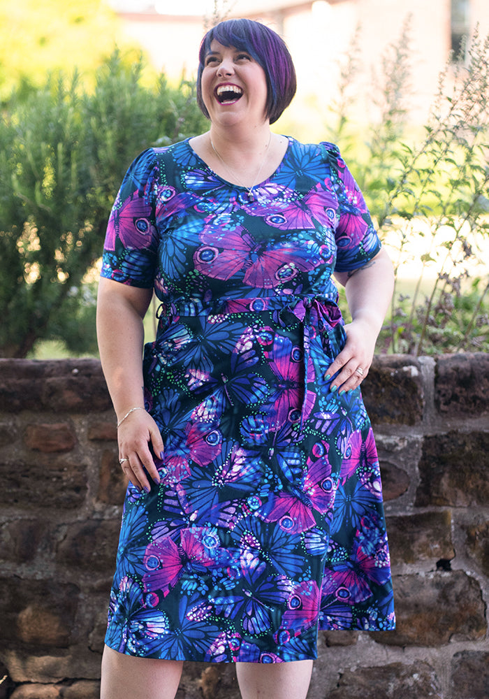 Front view of Griana Butterfly Print Cotton Midi Dress