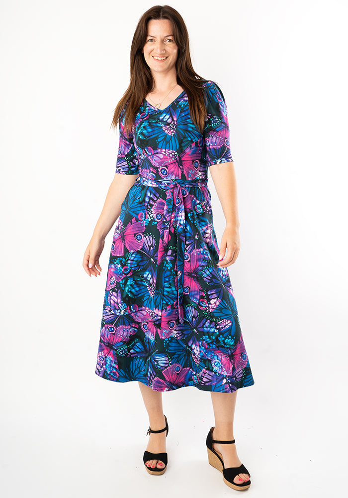 Third angle of Griana Butterfly Print Cotton Midi Dress