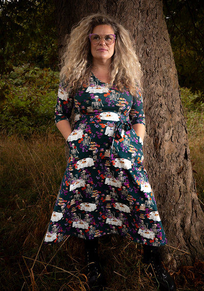Grizelda Skeleton Tea Party Print Cotton Midi Dress