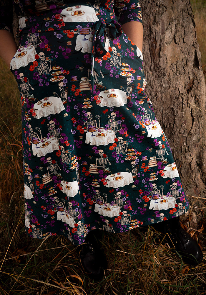 Grizelda Skeleton Tea Party Print Cotton Midi Dress