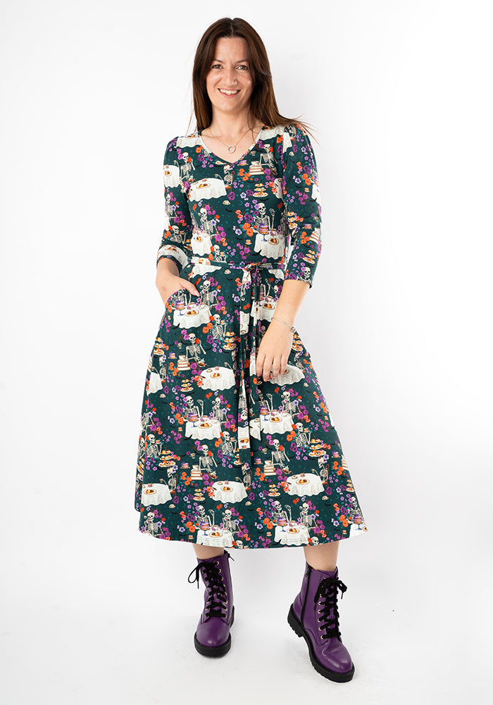 Grizelda Skeleton Tea Party Print Cotton Midi Dress