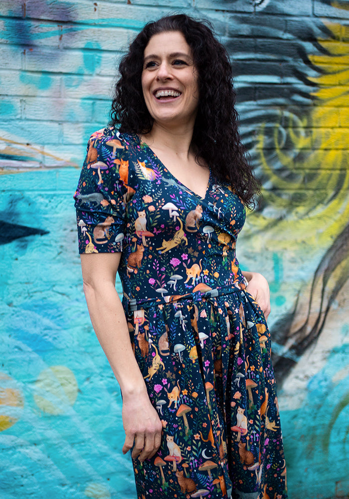 Front view of Gurshan Mystical Cat Print Cotton Dress