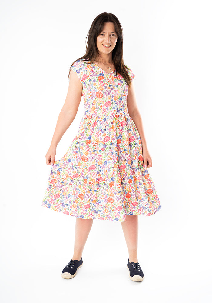 Hallie-Jo Cream Garden Rainbow Print Tiered Hem Dress