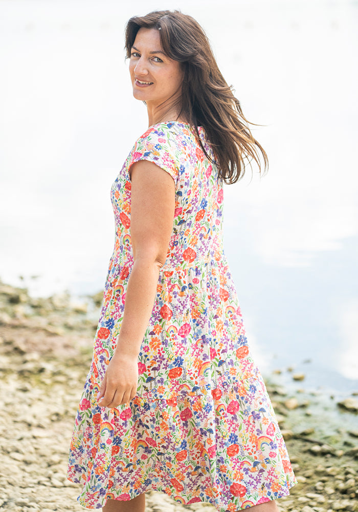 Hallie-Jo Cream Garden Rainbow Print Tiered Hem Dress